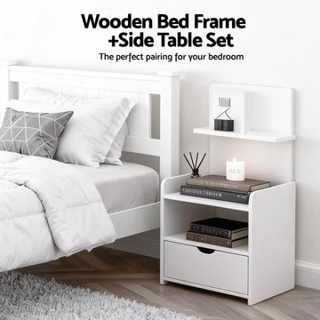 lit simple blanc moderne table chevet tiroir étagère chambre coucher éléments oreillers couverture