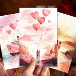 cartes postales aquarelle romantique coeurs montgolfières arbres paysages rose blanc gris vert