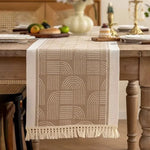 nappe table beige geometrique franges tissage rustique boheme abstrait 180cm 35cm
