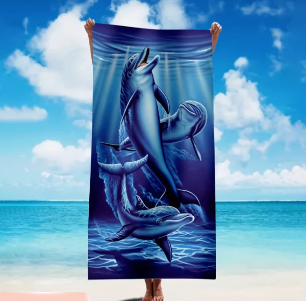 serviette plage polyester fleurs marine dauphins coraux rayures bleu clair moderne océan voyage été