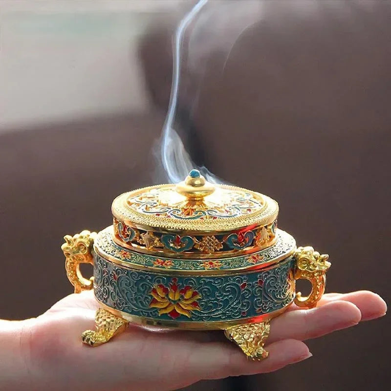 diffuseur d'encens cendrier floral bleu doré rouge jaune artisanal traditionnel motifs ornements