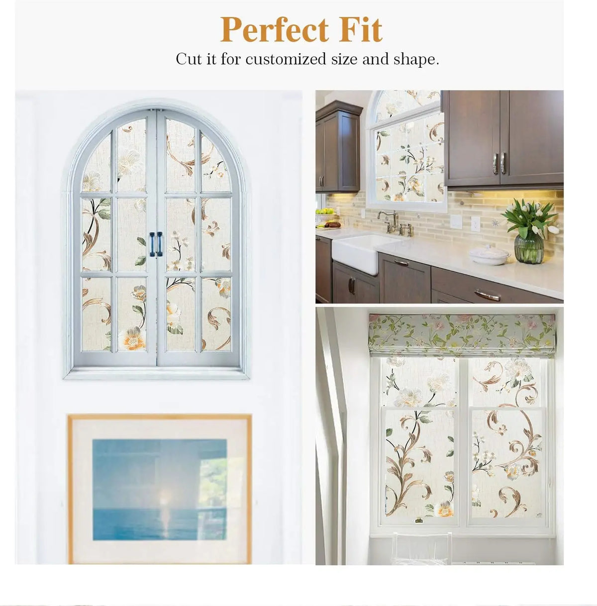 film décoratif floral opaque fenêtres beige doré vert motifs nature adhésif isolation uv protection