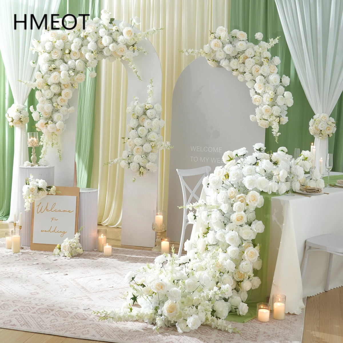 arche décorative mariage fleurs blanches feuillage vert classiqueintérieur décoration soie festive événement