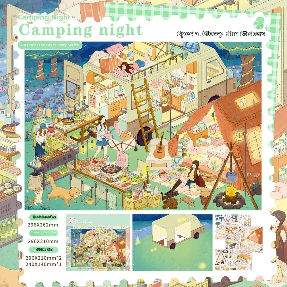 stickers decoratifs scènes vie cozy asiatique feuilles papier illustrations detaillees couleurs naturelles éléments architecturaux