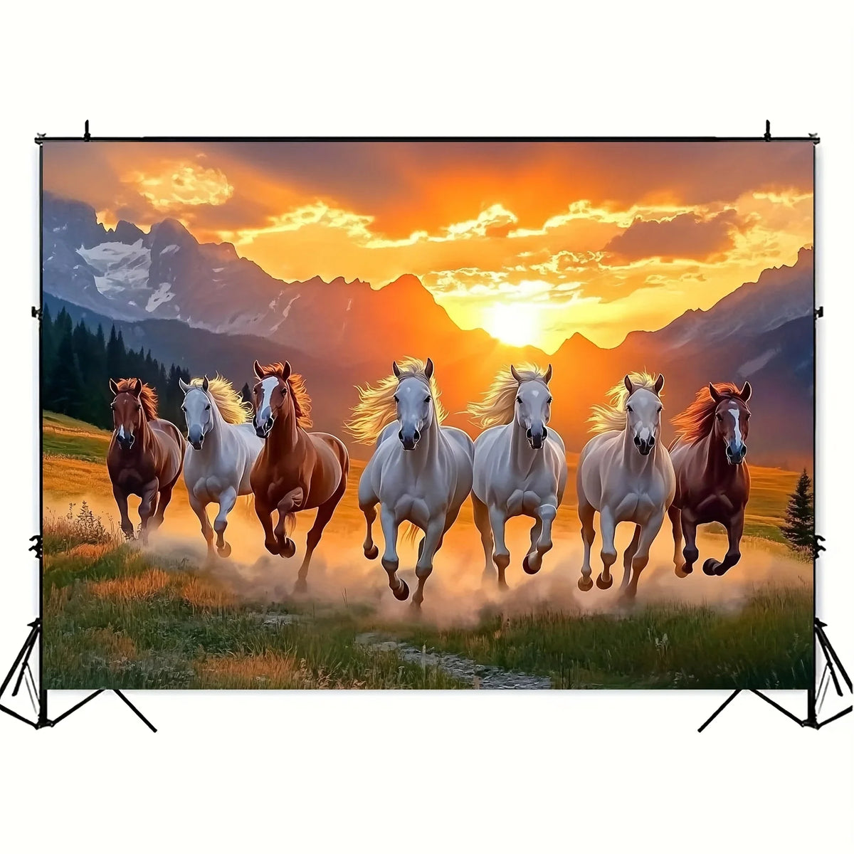 affiche murale chevaux paysage montagneux coucher soleil mariage anniversaire fêteOpaque Réaliste Marque Pas Fixation