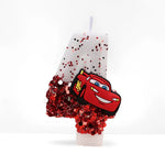 bougies anniversaire forme chiffre sequins motif voiture blanc rouge noir