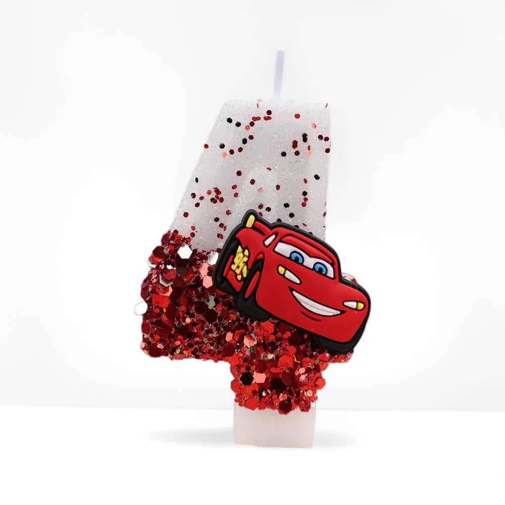 bougies anniversaire forme chiffre sequins motif voiture blanc rouge noir