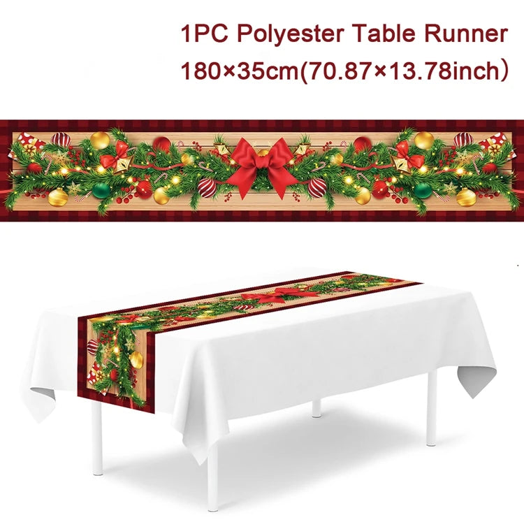 table noel chemin blanc motif flocon renne decoration festive polyester