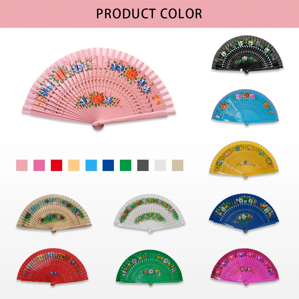 éventail traditionnel bois motif fleurs géométriques rouge bleu rose vert Jaune Noir