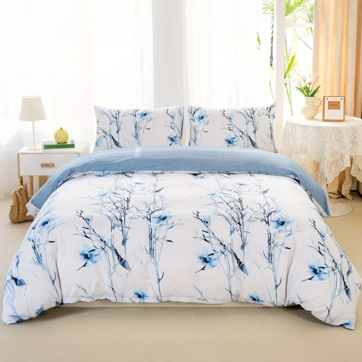 housse couette motif floral moderne 100 polyester couverture taies oreiller bleu blanc