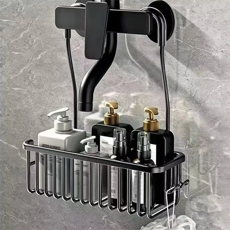 organisateur salle bain suspendu panier métallique noir argenté moderne minimaliste douche rangement echangereusable