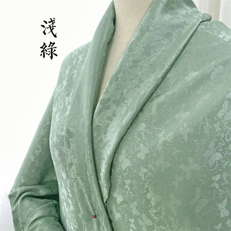 tissu jacquard fleurs blanches vert bleu clair rose pâle kimono traditionnel opaque polyester élasthanne