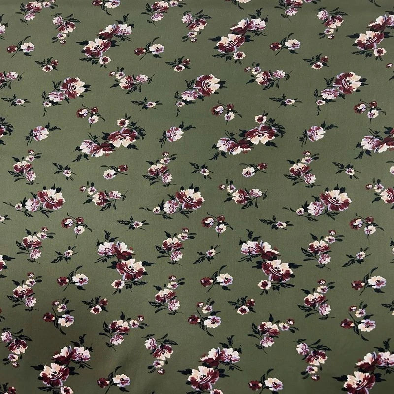 tissu mousseline floral motifs petits fleurs vert olive rouge foncé beige opale respirant femme