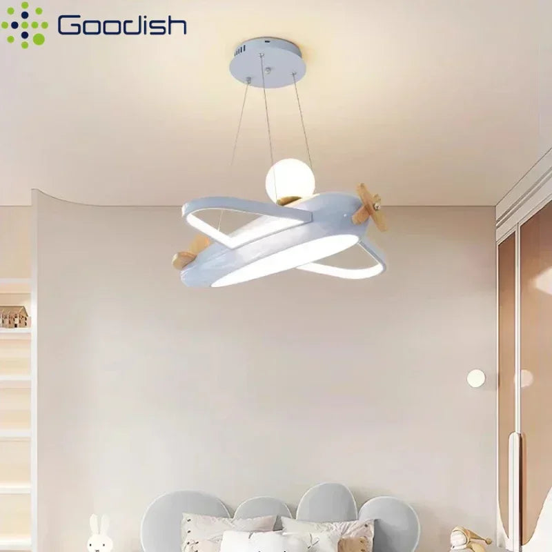 lampe suspendue moderne avion forme bois blanc chambre enfant enfantin chaînes fixées