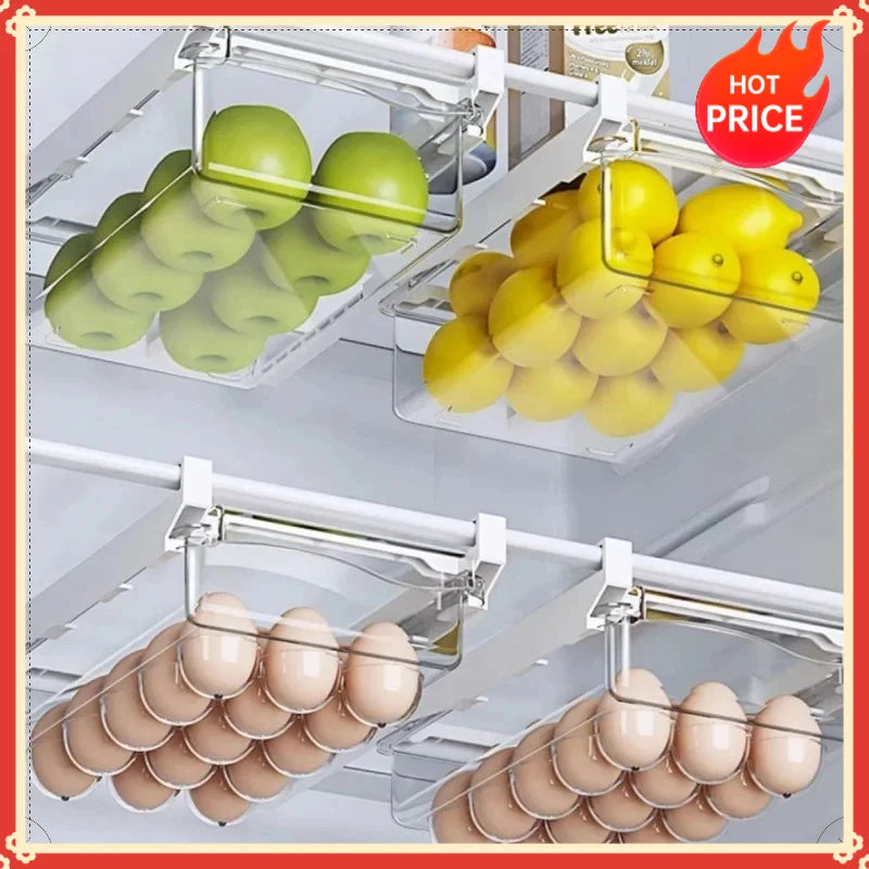organiseur rangement réfrigérateur transparent clips magnétiques compartiments œufs fruits légumes moderne pratique