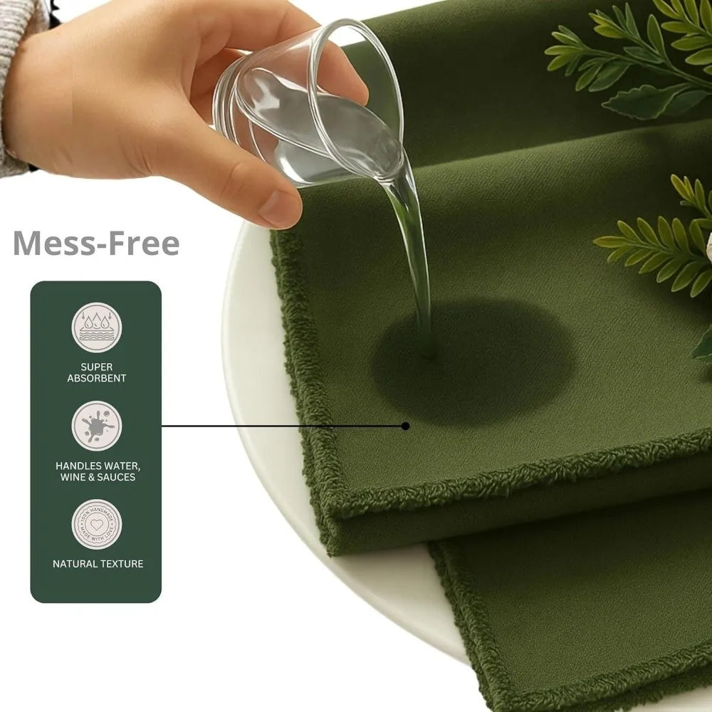 serviettes table vert foncé beige rose blanc uni franges rustique cuisine domestique