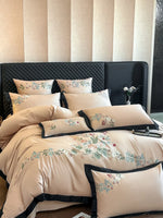 ensemble literie quatre pièces coton broderie florale classique beige housse couette drap taies