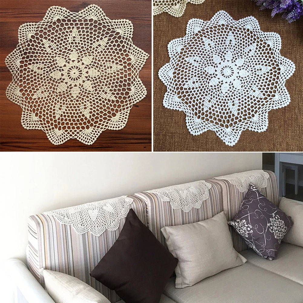 serviette table traditionnelle motif floral crochetée diamètre 35cm blanc