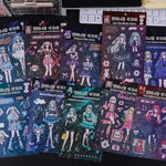autocollants manga personnages textes confettis bleu violet noir blanc opaques scrapbooking álbum journal intime