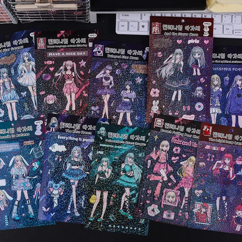 autocollants manga personnages textes confettis bleu violet noir blanc opaques scrapbooking álbum journal intime