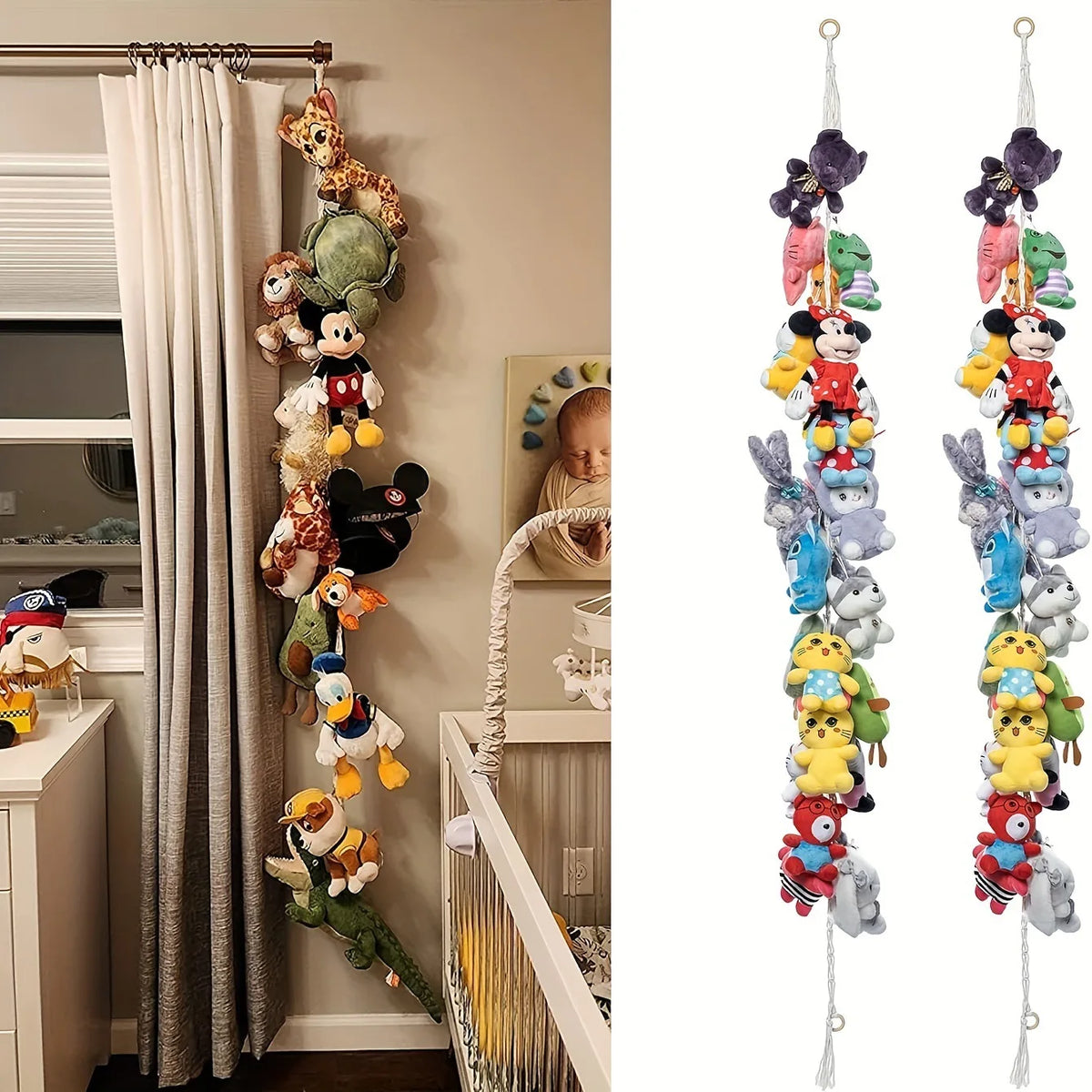 rangement mural macramé multicolore animaux peluche ours chat dinosaure clips métalliques