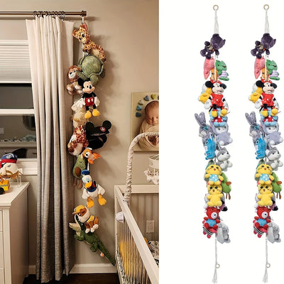 rangement mural macramé multicolore animaux peluche ours chat dinosaure clips métalliques