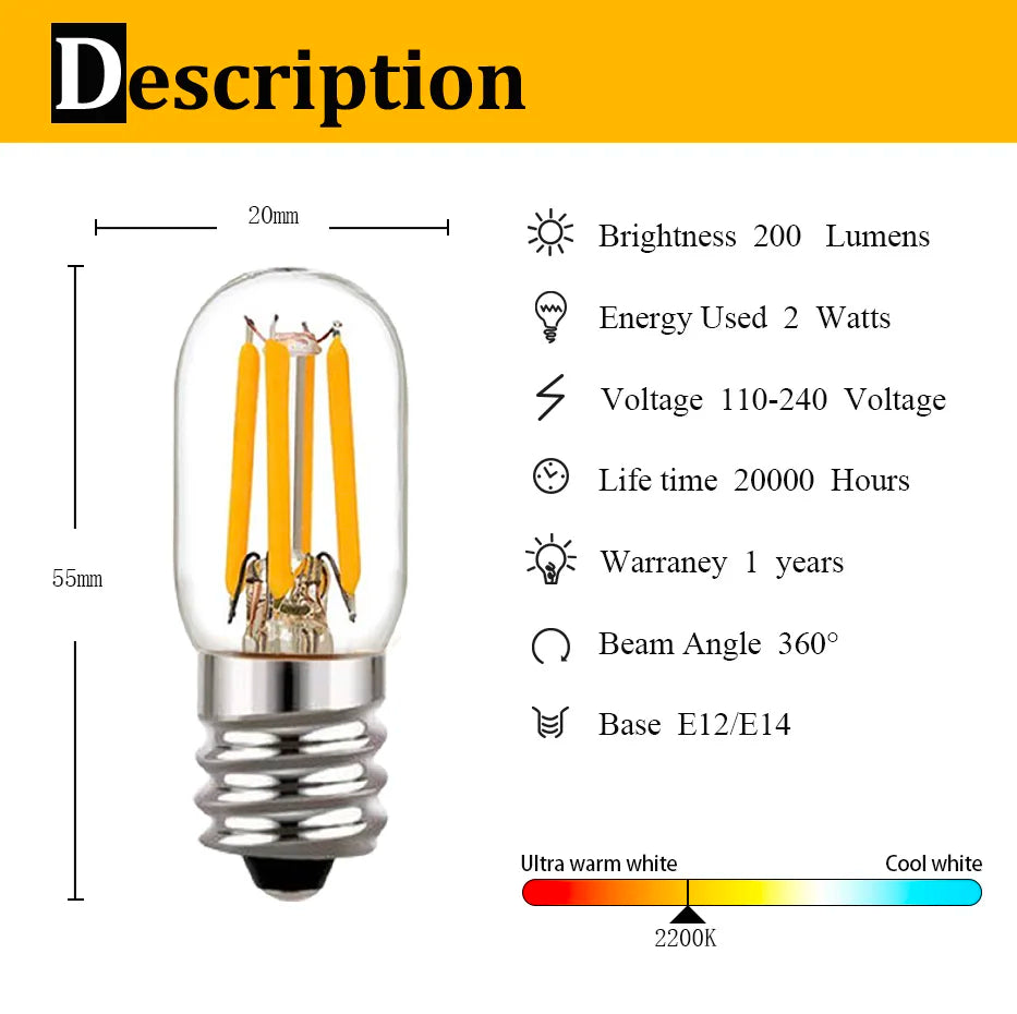 ampoules led filament doré transparentes e12 e14 2w 2200k classiques 360° 20000h salon refroidisseur