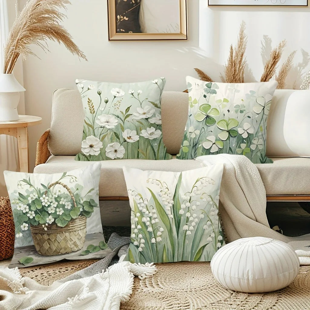 taies d'oreiller fleur motif floral printemps couleur vert blanc rustique naturel décoration intérieure coussins