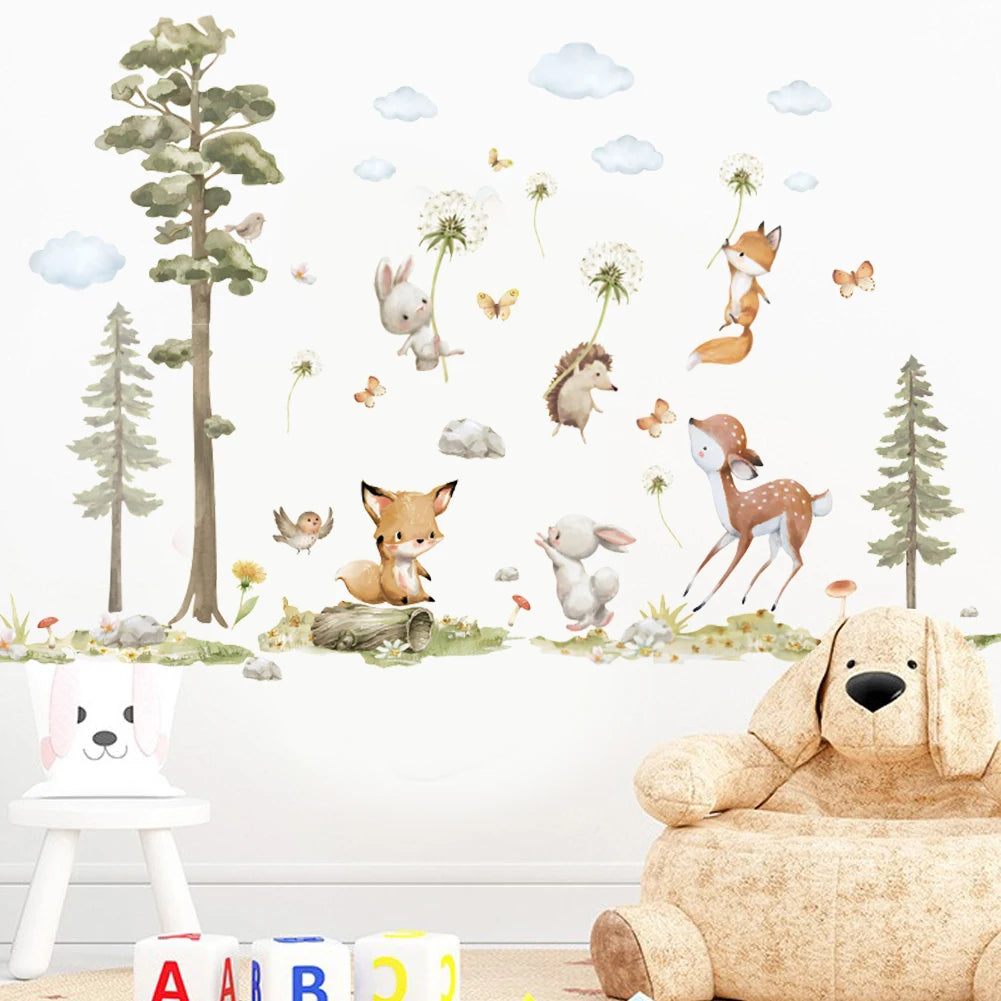 stickers muraux animaux forêt enfants cartoonaux adhésifs non toxiques waterproof arbres champignons papillons naturenels