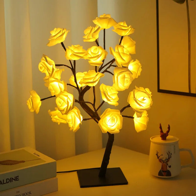 lampe led décorative arbre fleurs roses moderne romantique base plate interrupteur