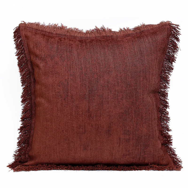 taies d'oreiller carrées modernes couleurs marron rose beige franges coton polyester