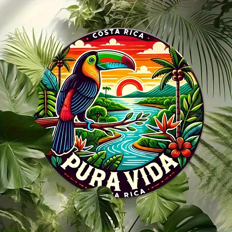 plaque métallique ronde illustration toucan paysage tropical coucher soleil fleurs exotiques multicolore rouge jaune