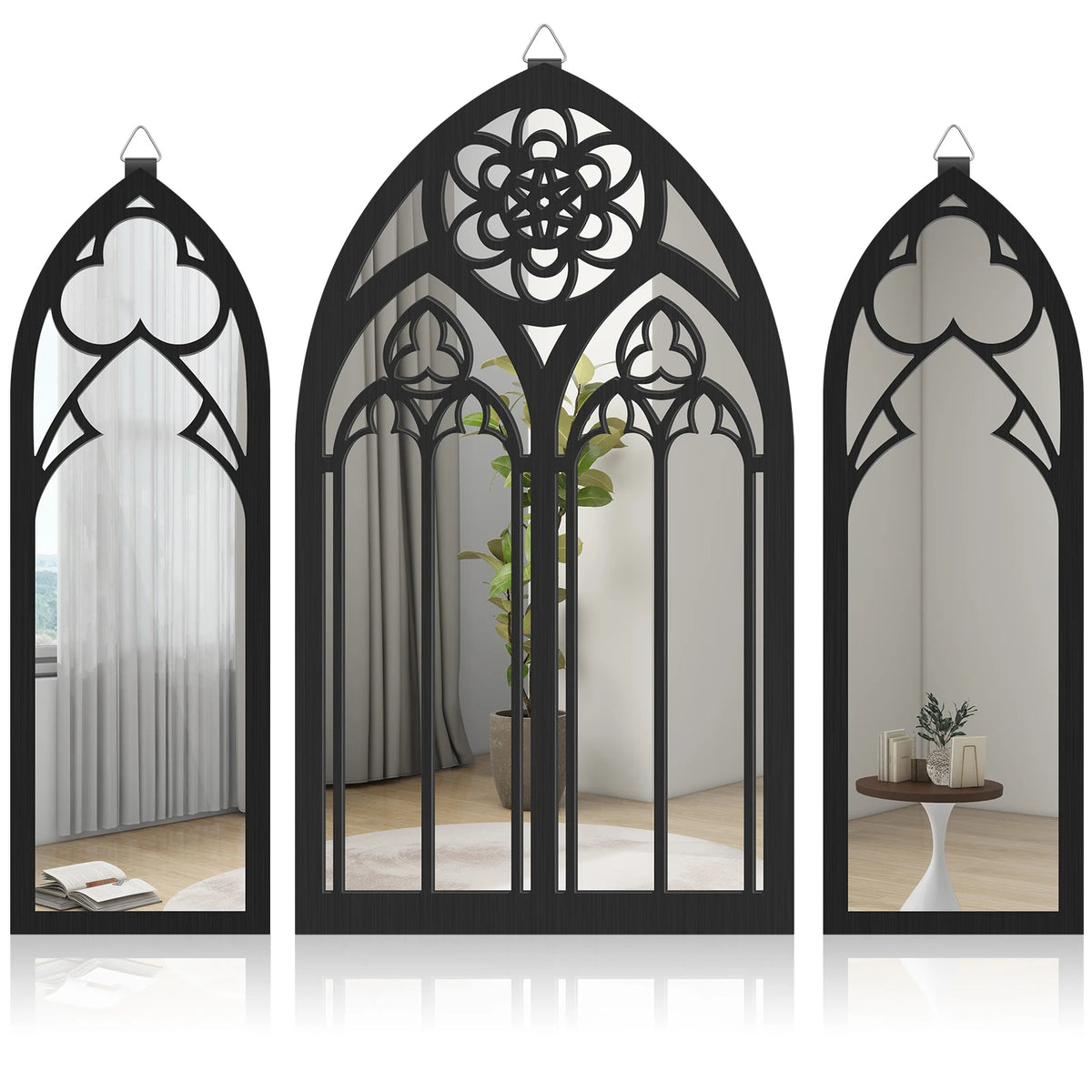 ensembles miroirs gothiques décoratifs noir argentés motifs floraux arches ajourées chambre coucher