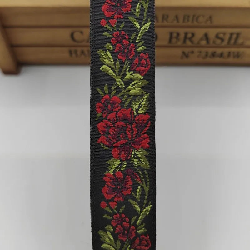 ruban polyester fleurs brodées noir rouge vert 2cm 3.3cm 5cm opacité broderie 5mètres tissu