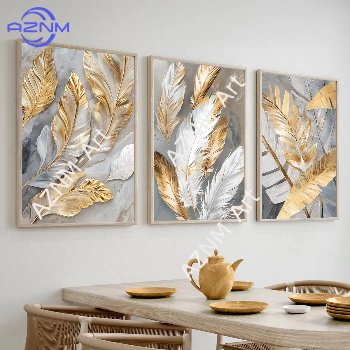 tableau moderne toile feuilles stylisées or blanc gris décoration mur abstrait contemporain fixations bois
