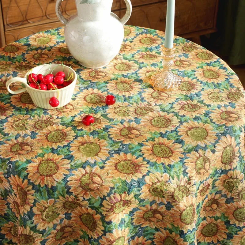 nappe table fleurs tournesol vert jaune beige classique rustique polyester réutilisable pâques noël