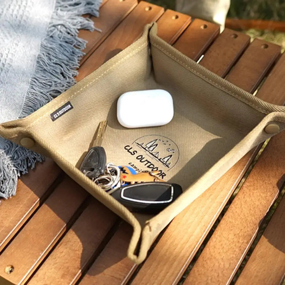organisateur rangement marron clair toile imprimée clips clés écouteurs lampe torche tasse lanternes objets