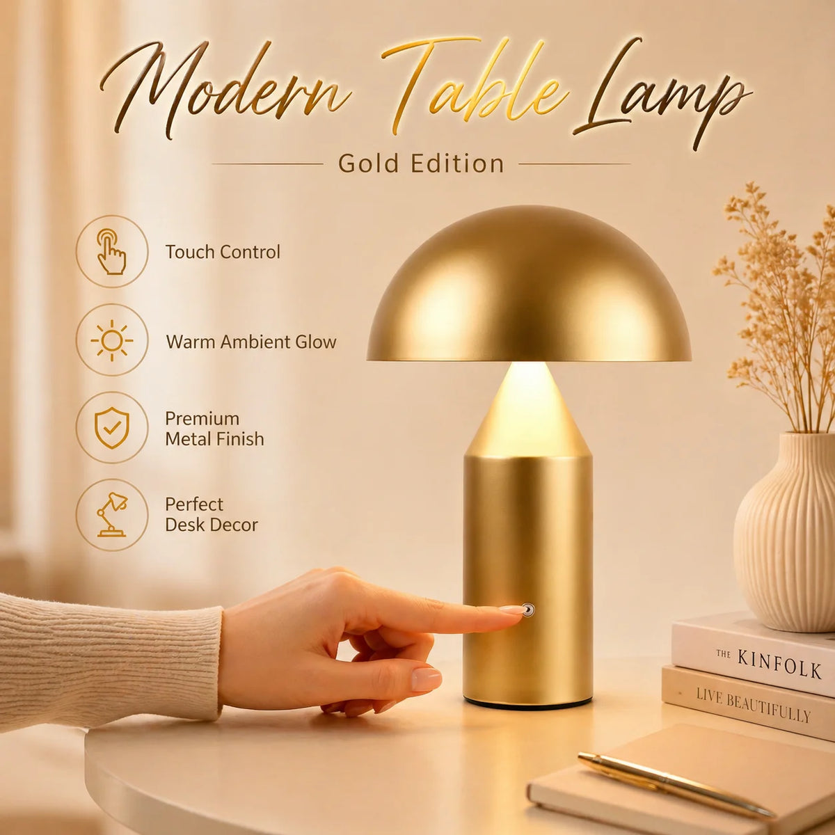 lampe table moderne or noir ambre led controle tactile usb charge chambre contemporaine compact