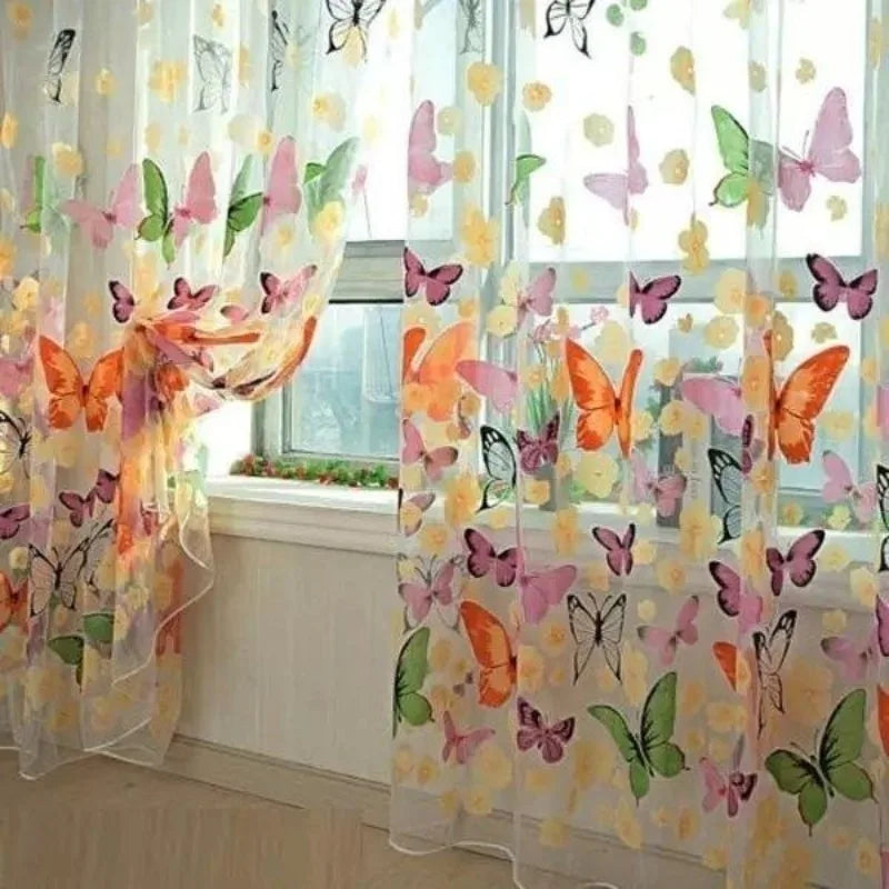 rideau floral papillons motifs fleurs blanc orange rose vert jaune translucide pastorale