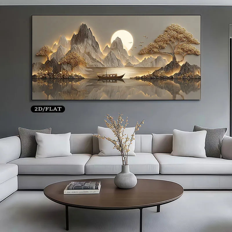 tableau moderne minimaliste paysage montagneux bateau arbres stylisés ciel soleil gris beige doré sans