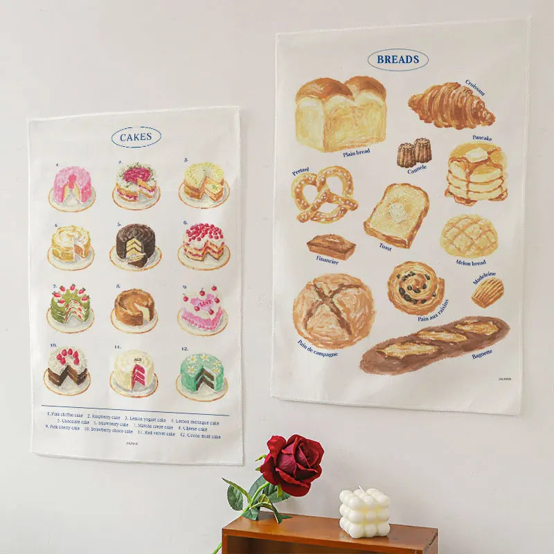 serviettes cuisine blancs illustrations gâteaux pains clips colorées