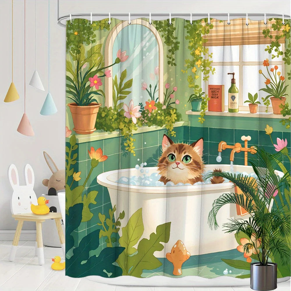 rideau douche illustration chat baignoire motifs floraux 12 anneaux métalliques polyester opacité vert blanc