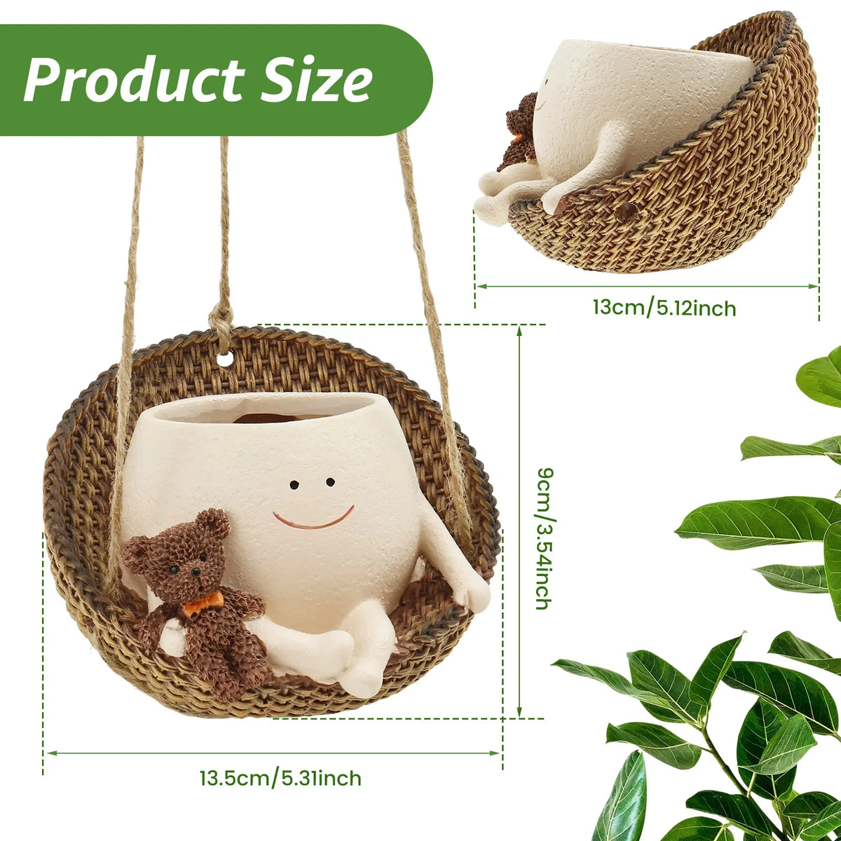 pot fleurs suspendu décoration faciale souriante ours peluche panier tressé plantes vertes corde crochet