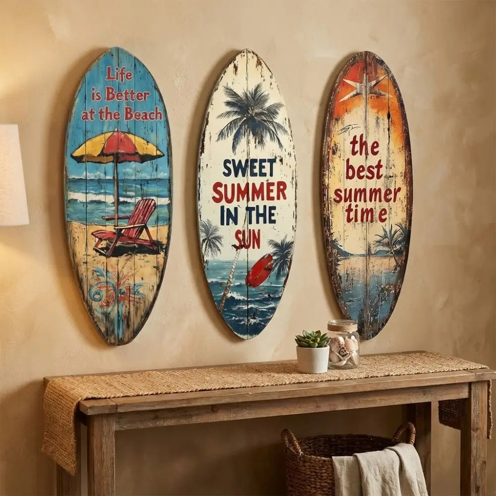 décoration murale surf plage palmiers parasols effet vieilli bois brut vintage rustique