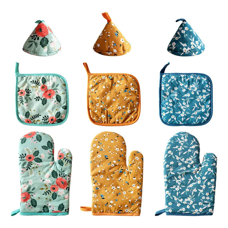poignées plat gants cuisine antiderapants fleurs bleu vert jaune décoratifs four cuisine festive