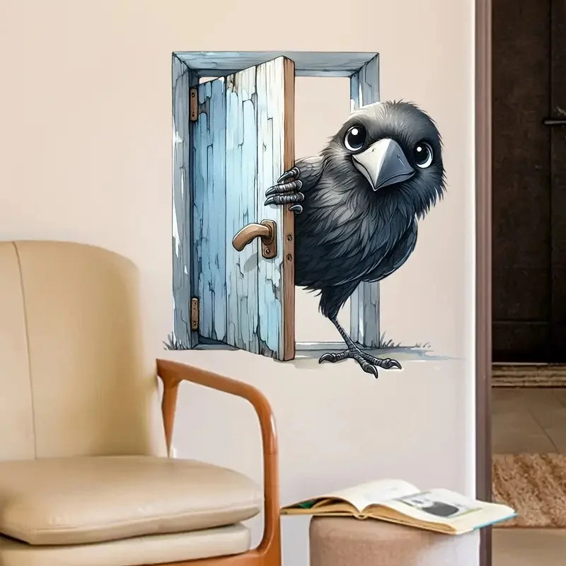 autocollant mural oiseau corbeau porte bois illustration réaliste moderne pvc noir gris bleuclair beigeintérieur