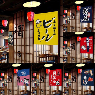 Rideau de porte japonais occultant rouge style izakaya dans une cuisine