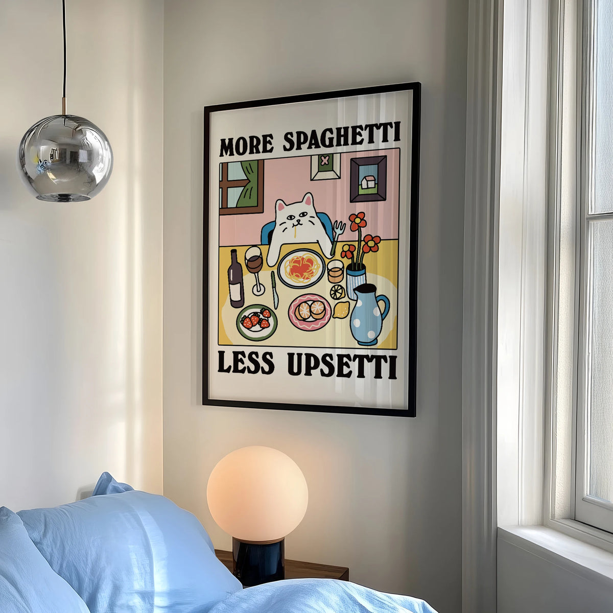affiche encadrée illustration chat spaghetti fleurs vin fond rose humour enfant chambre salon