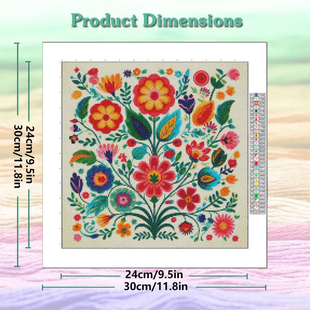kit broderie point croix motifs floraux colorés toile imprimée aiguilles fils schéma guide technique