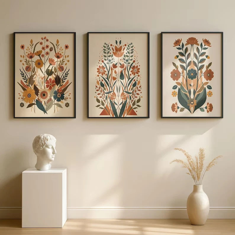 affiches murales modernes fleurs stylisées bois cadre beige marron orange vert bleu chambre salon